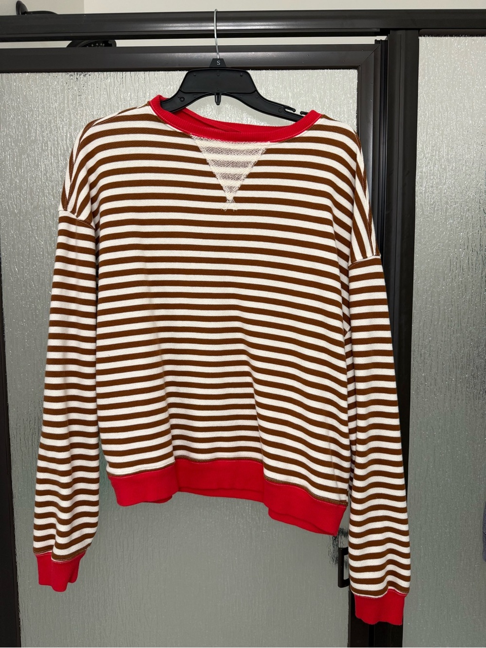 Free People Brown and White Striped Crewneck Sweater with Red Trim